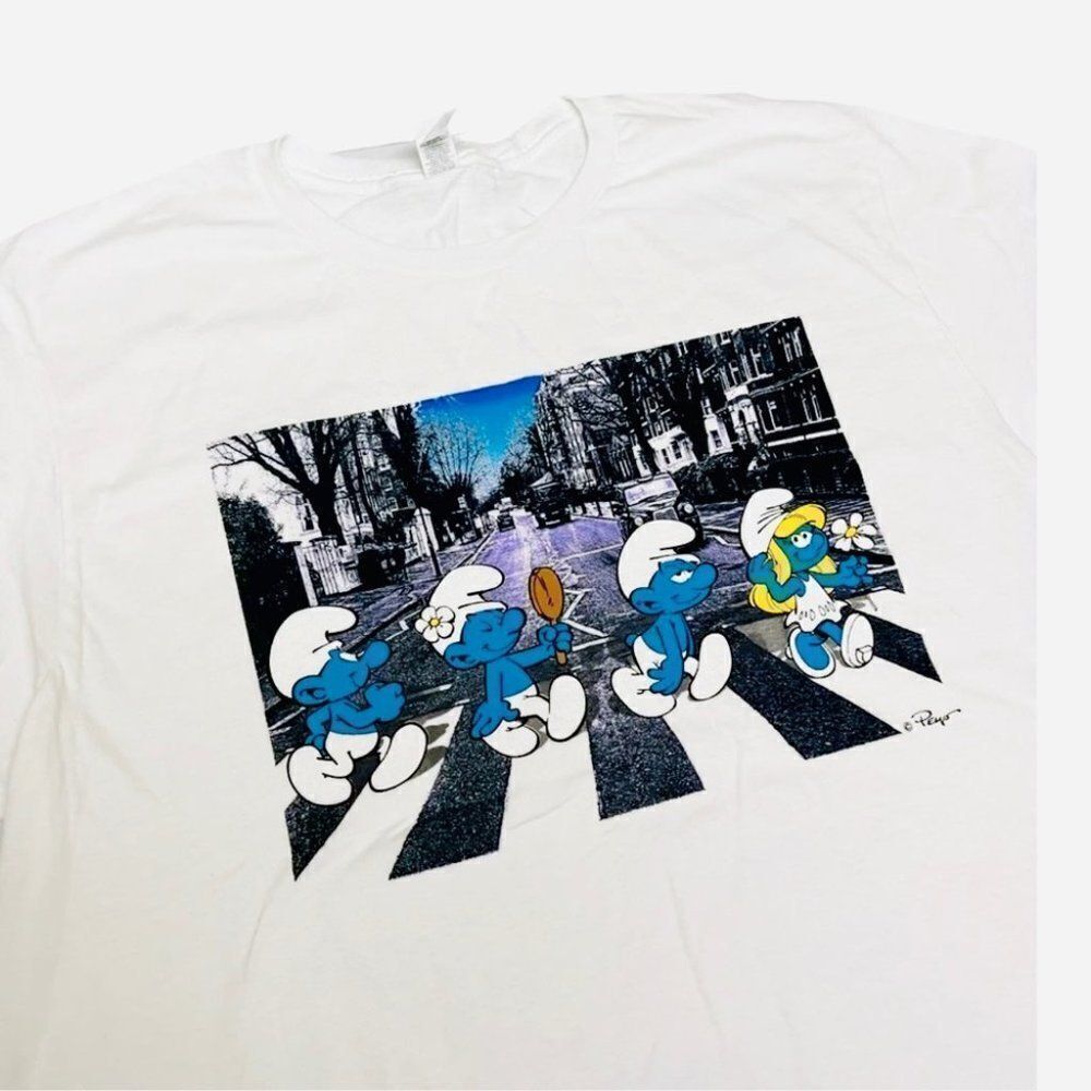 Smurfs Adult Abbey Road T-Shirt Beetles Novelty Papa Smurfette Lazy Vanity Music